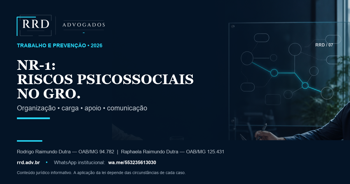Equipe em reunião diante de painel abstrato de riscos organizacionais ligados ao trabalho.