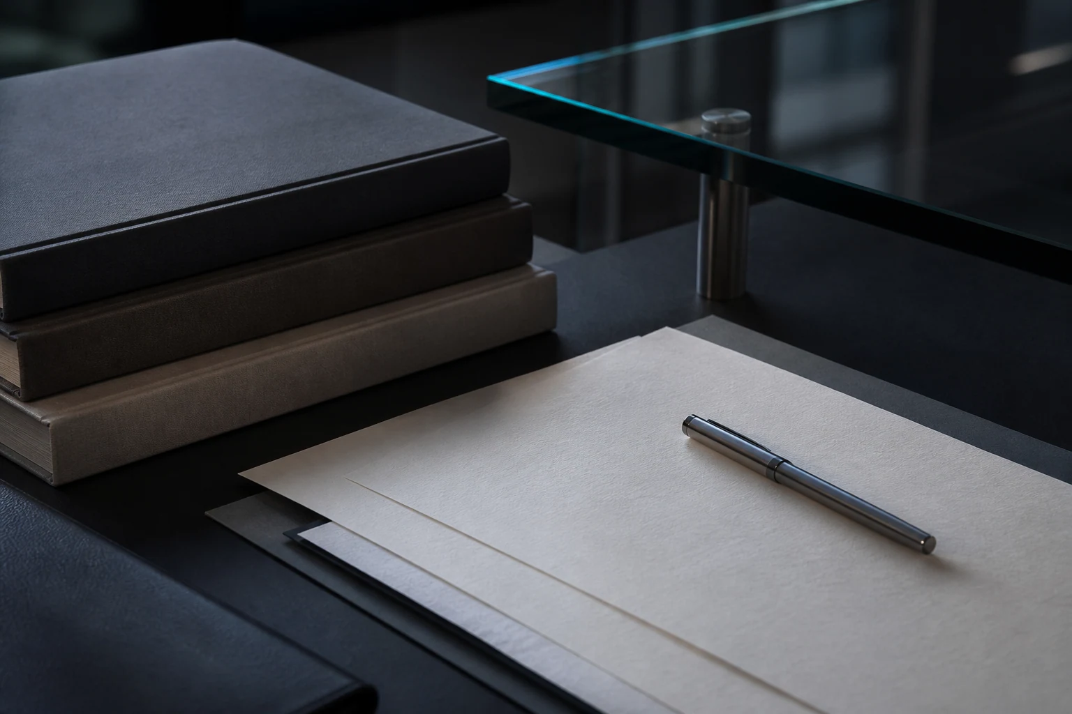 Imagem editorial ilustrativa de mesa de trabalho com livros e materiais jurídicos sem dados legíveis